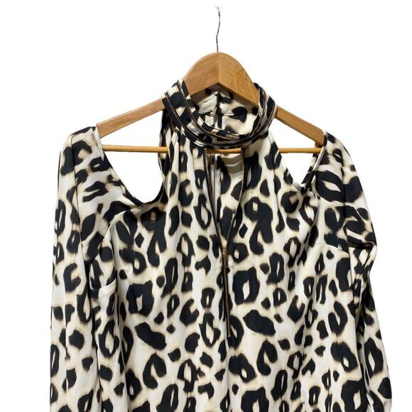 BEBE High Neck Cut Out Shoulder Flowy Leopard Print Blouse - Picture 4 of 5